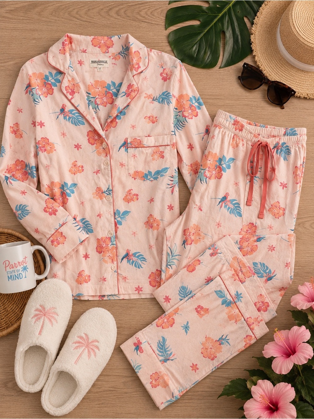 Margaritaville Coral Floral & Blue Parrot Long-Sleeve Pajama Set